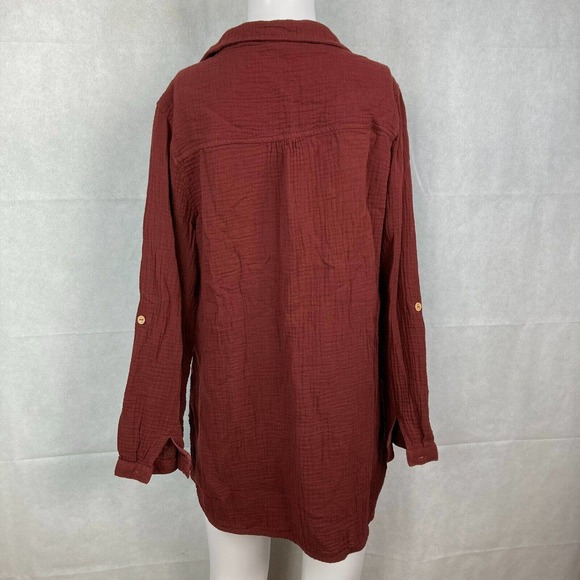 Lixhigi Shirt Womens Sz S M Maroon Brown Cotton Long Sleeve Collared Top - Picture 4 of 9